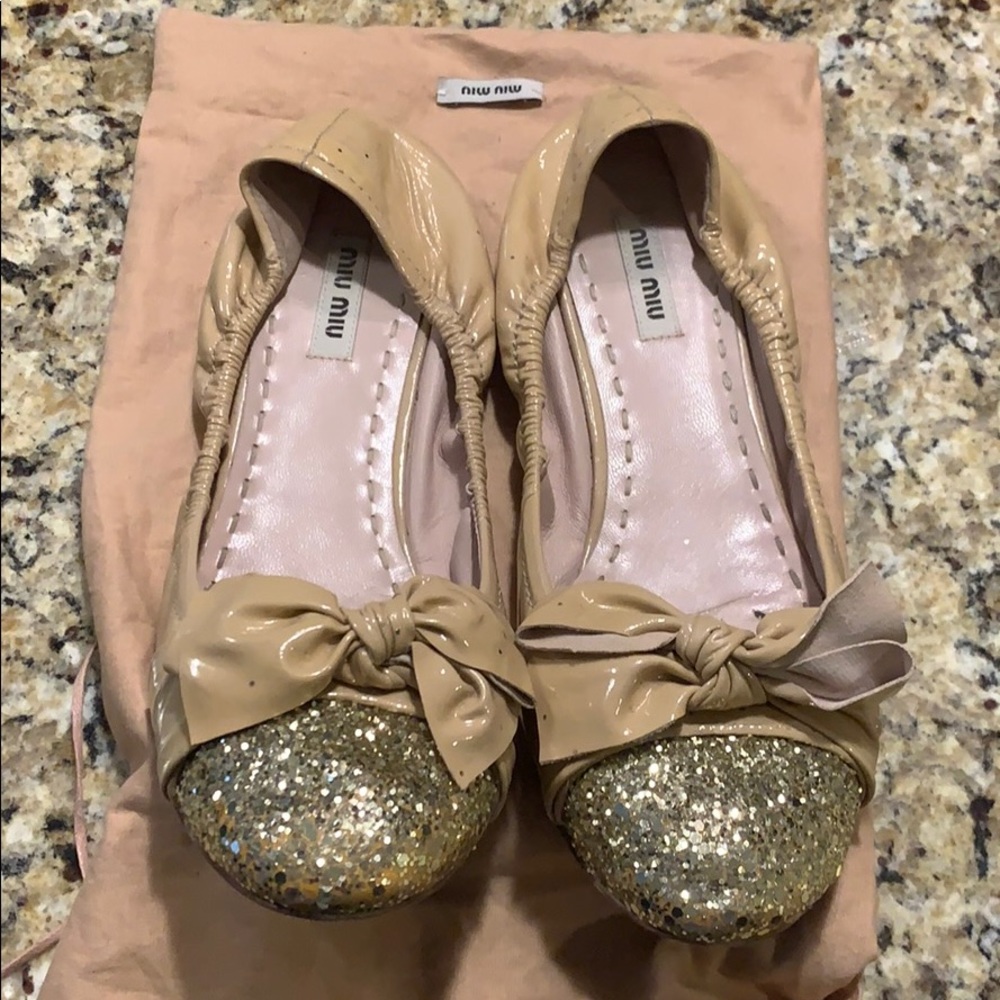 Miu Miu Beige and Gold Glitter Flats